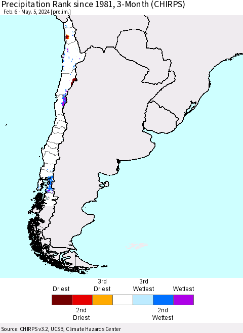 Chile Precipitation Rank since 1981, 3-Month (CHIRPS) Thematic Map For 2/6/2024 - 5/5/2024