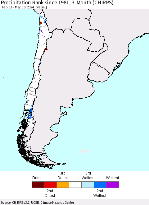 Chile Precipitation Rank since 1981, 3-Month (CHIRPS) Thematic Map For 2/11/2024 - 5/10/2024