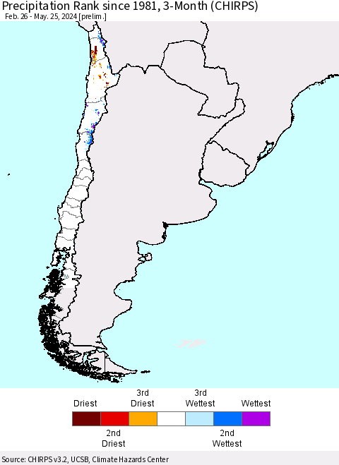 Chile Precipitation Rank since 1981, 3-Month (CHIRPS) Thematic Map For 2/26/2024 - 5/25/2024