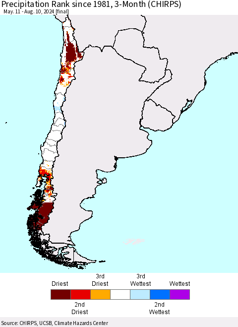 Chile Precipitation Rank since 1981, 3-Month (CHIRPS) Thematic Map For 5/11/2024 - 8/10/2024