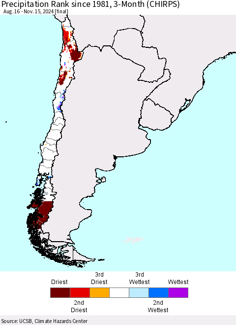 Chile Precipitation Rank since 1981, 3-Month (CHIRPS) Thematic Map For 8/16/2024 - 11/15/2024