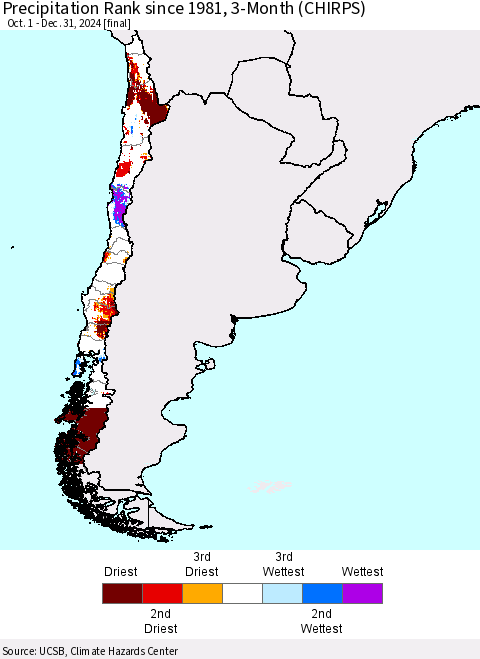 Chile Precipitation Rank since 1981, 3-Month (CHIRPS) Thematic Map For 10/1/2024 - 12/31/2024