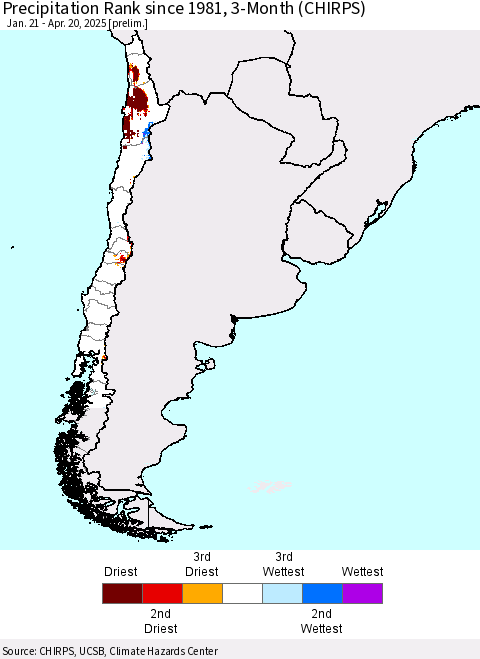 Chile Precipitation Rank since 1981, 3-Month (CHIRPS) Thematic Map For 1/21/2025 - 4/20/2025