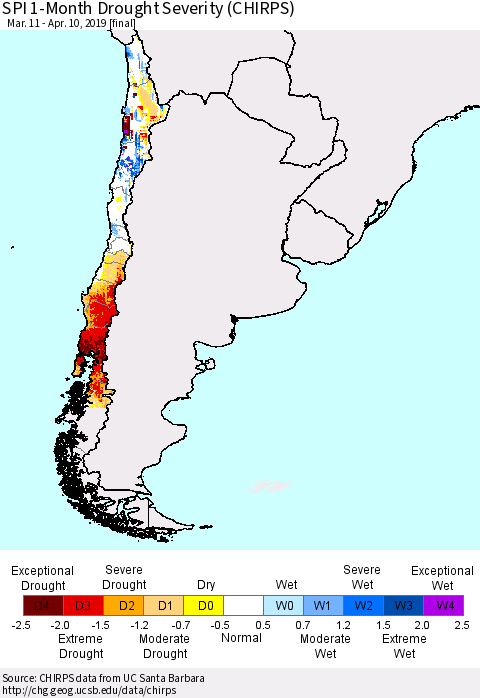 Chile SPI 1-Month Drought Severity (CHIRPS) Thematic Map For 3/11/2019 - 4/10/2019