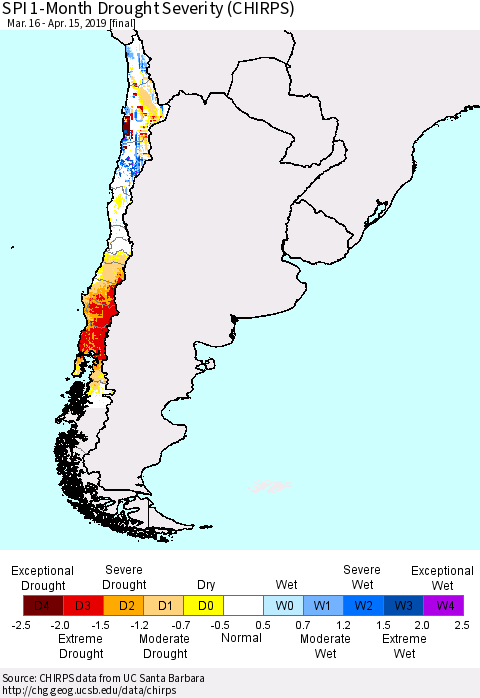 Chile SPI 1-Month Drought Severity (CHIRPS) Thematic Map For 3/16/2019 - 4/15/2019