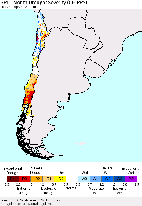 Chile SPI 1-Month Drought Severity (CHIRPS) Thematic Map For 3/21/2019 - 4/20/2019
