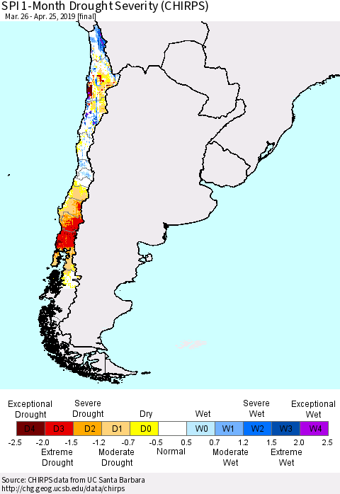 Chile SPI 1-Month Drought Severity (CHIRPS) Thematic Map For 3/26/2019 - 4/25/2019