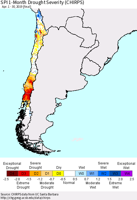 Chile SPI 1-Month Drought Severity (CHIRPS) Thematic Map For 4/1/2019 - 4/30/2019