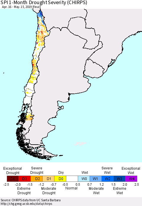 Chile SPI 1-Month Drought Severity (CHIRPS) Thematic Map For 4/16/2019 - 5/15/2019