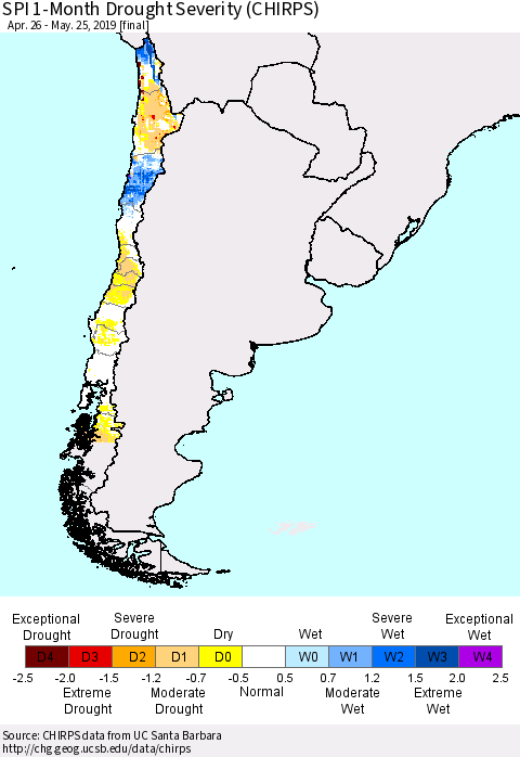 Chile SPI 1-Month Drought Severity (CHIRPS) Thematic Map For 4/26/2019 - 5/25/2019