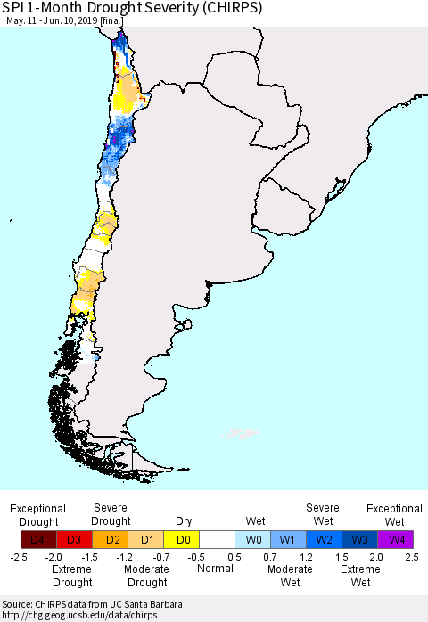 Chile SPI 1-Month Drought Severity (CHIRPS) Thematic Map For 5/11/2019 - 6/10/2019