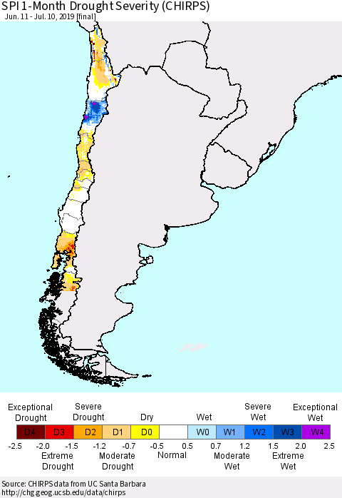 Chile SPI 1-Month Drought Severity (CHIRPS) Thematic Map For 6/11/2019 - 7/10/2019