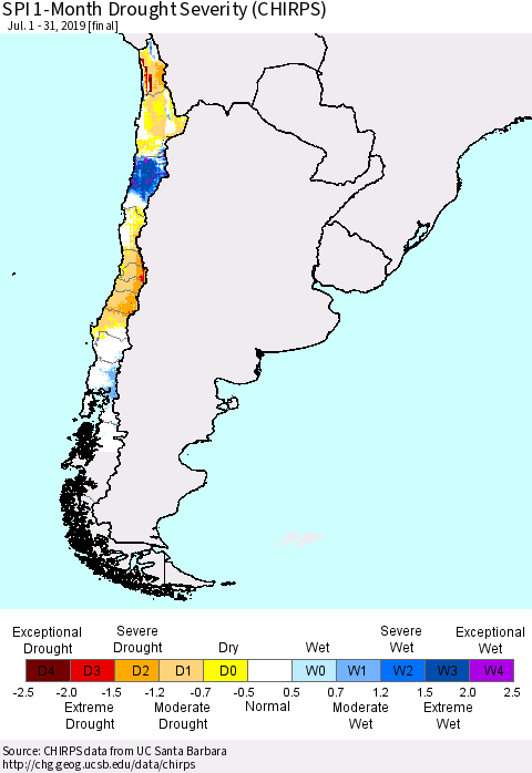Chile SPI 1-Month Drought Severity (CHIRPS) Thematic Map For 7/1/2019 - 7/31/2019