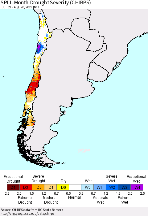 Chile SPI 1-Month Drought Severity (CHIRPS) Thematic Map For 7/21/2019 - 8/20/2019