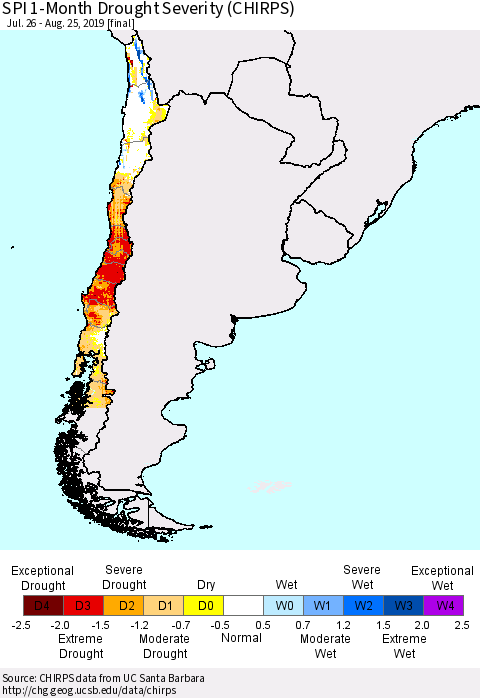 Chile SPI 1-Month Drought Severity (CHIRPS) Thematic Map For 7/26/2019 - 8/25/2019