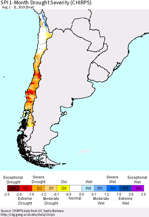 Chile SPI 1-Month Drought Severity (CHIRPS) Thematic Map For 8/1/2019 - 8/31/2019