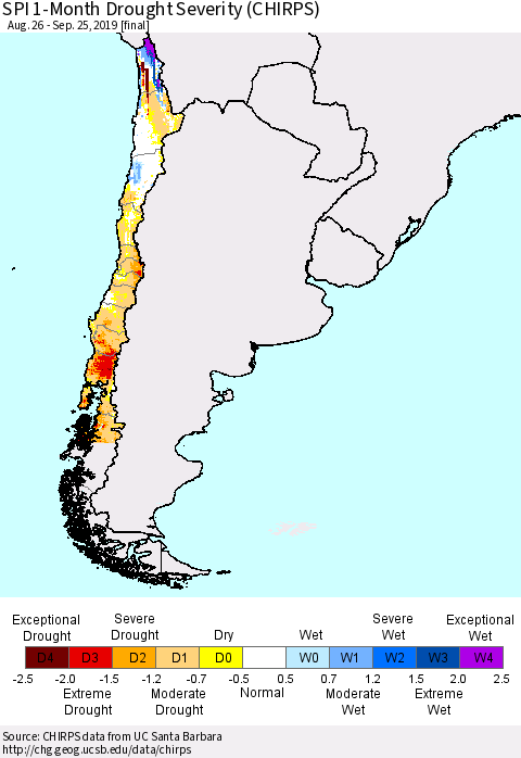 Chile SPI 1-Month Drought Severity (CHIRPS) Thematic Map For 8/26/2019 - 9/25/2019
