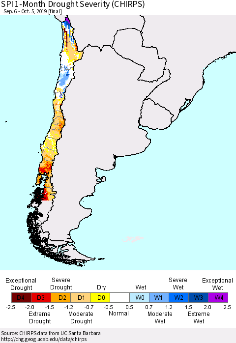 Chile SPI 1-Month Drought Severity (CHIRPS) Thematic Map For 9/6/2019 - 10/5/2019
