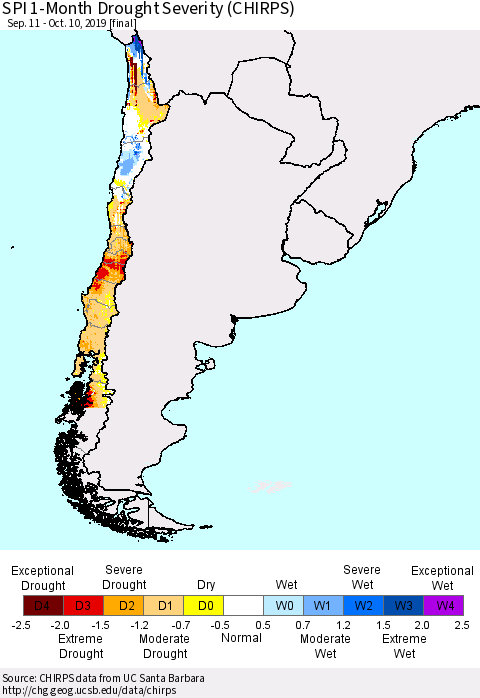 Chile SPI 1-Month Drought Severity (CHIRPS) Thematic Map For 9/11/2019 - 10/10/2019