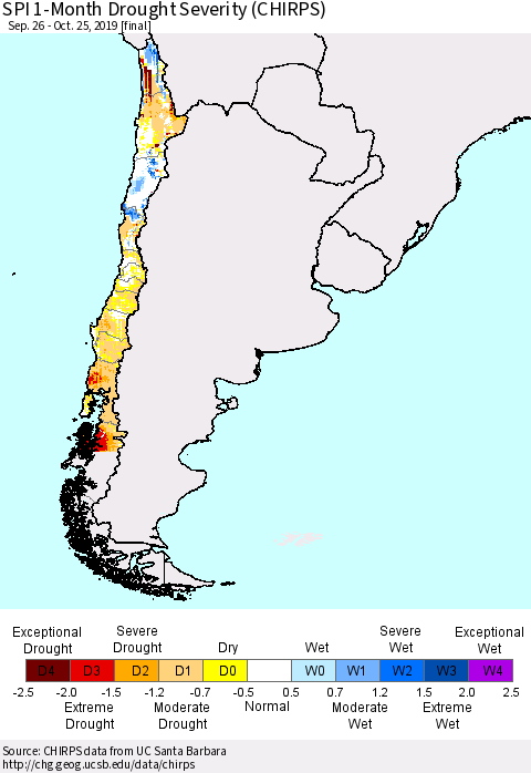 Chile SPI 1-Month Drought Severity (CHIRPS) Thematic Map For 9/26/2019 - 10/25/2019