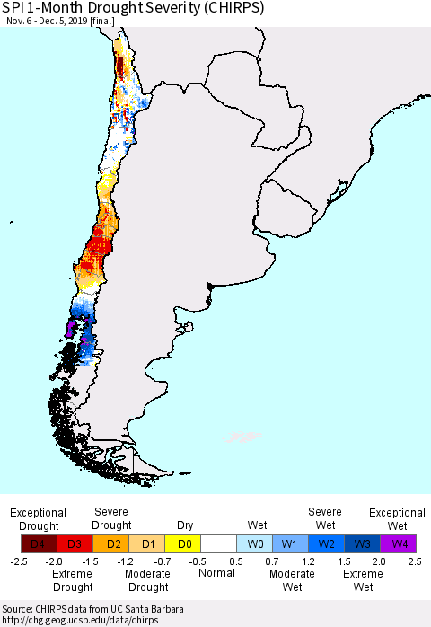 Chile SPI 1-Month Drought Severity (CHIRPS) Thematic Map For 11/6/2019 - 12/5/2019