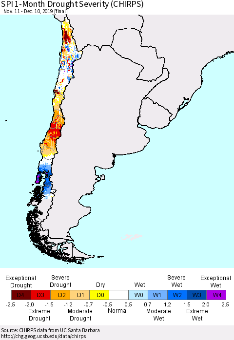 Chile SPI 1-Month Drought Severity (CHIRPS) Thematic Map For 11/11/2019 - 12/10/2019