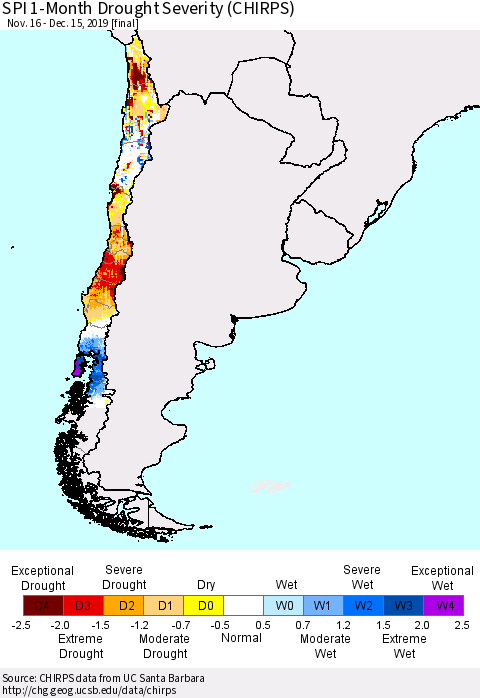 Chile SPI 1-Month Drought Severity (CHIRPS) Thematic Map For 11/16/2019 - 12/15/2019