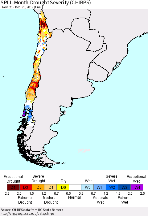 Chile SPI 1-Month Drought Severity (CHIRPS) Thematic Map For 11/21/2019 - 12/20/2019