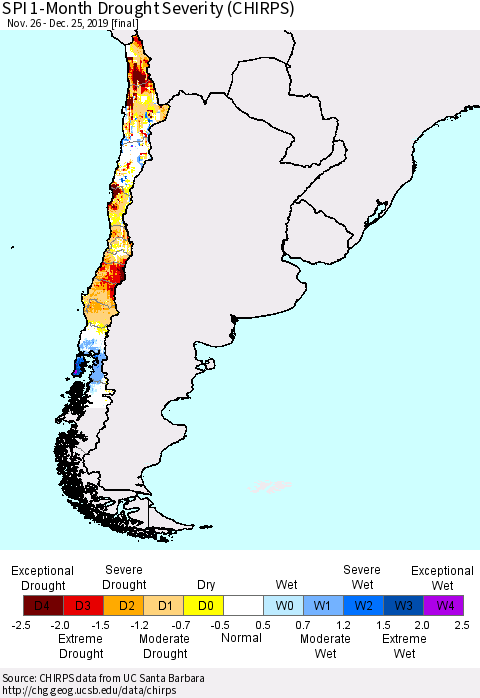 Chile SPI 1-Month Drought Severity (CHIRPS) Thematic Map For 11/26/2019 - 12/25/2019