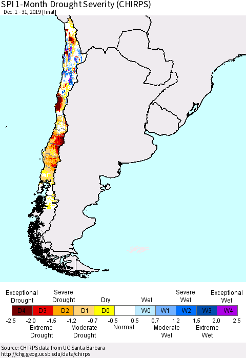 Chile SPI 1-Month Drought Severity (CHIRPS) Thematic Map For 12/1/2019 - 12/31/2019