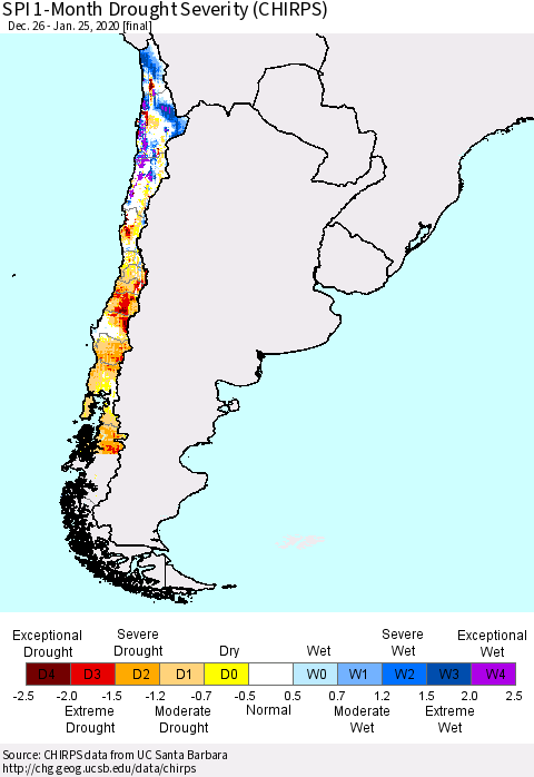 Chile SPI 1-Month Drought Severity (CHIRPS) Thematic Map For 12/26/2019 - 1/25/2020