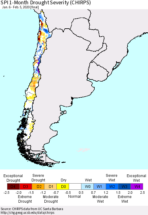 Chile SPI 1-Month Drought Severity (CHIRPS) Thematic Map For 1/6/2020 - 2/5/2020