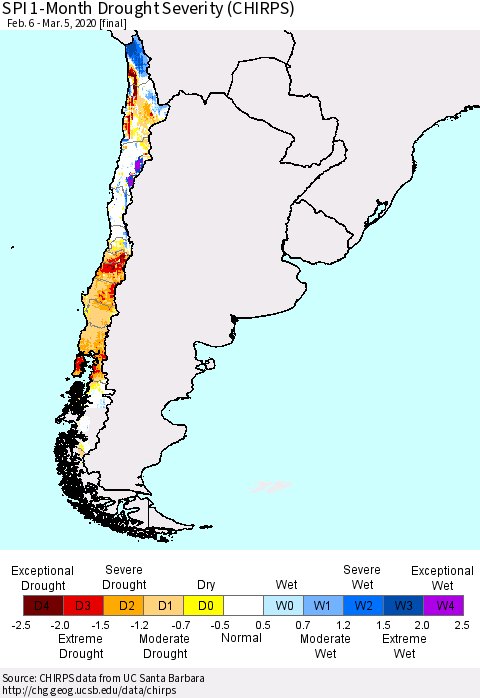 Chile SPI 1-Month Drought Severity (CHIRPS) Thematic Map For 2/6/2020 - 3/5/2020