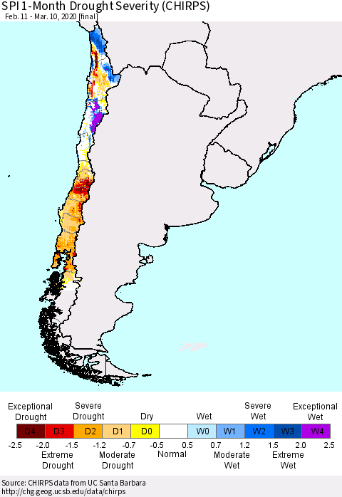 Chile SPI 1-Month Drought Severity (CHIRPS) Thematic Map For 2/11/2020 - 3/10/2020