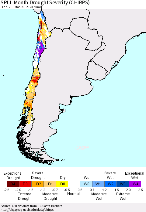 Chile SPI 1-Month Drought Severity (CHIRPS) Thematic Map For 2/21/2020 - 3/20/2020