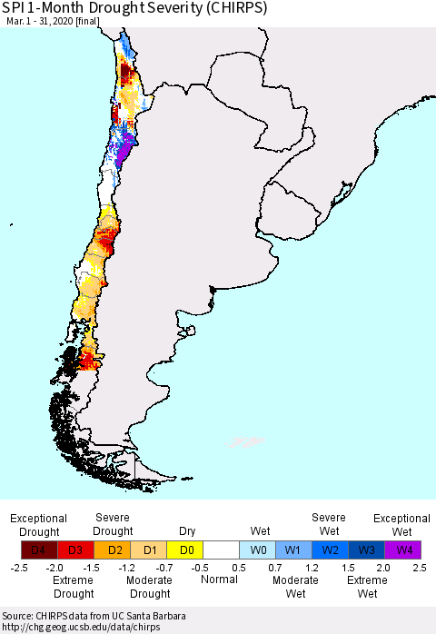 Chile SPI 1-Month Drought Severity (CHIRPS) Thematic Map For 3/1/2020 - 3/31/2020