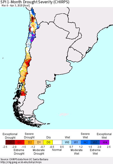 Chile SPI 1-Month Drought Severity (CHIRPS) Thematic Map For 3/6/2020 - 4/5/2020