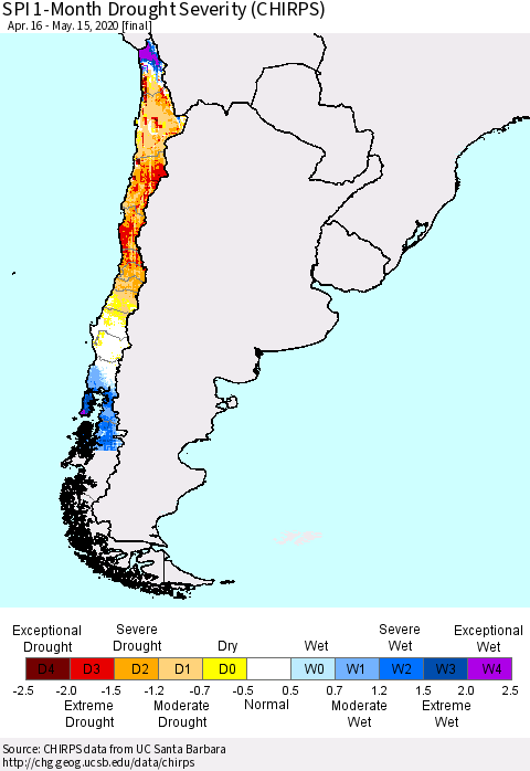 Chile SPI 1-Month Drought Severity (CHIRPS) Thematic Map For 4/16/2020 - 5/15/2020