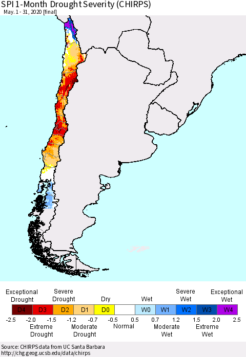 Chile SPI 1-Month Drought Severity (CHIRPS) Thematic Map For 5/1/2020 - 5/31/2020