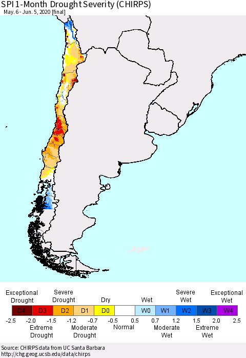 Chile SPI 1-Month Drought Severity (CHIRPS) Thematic Map For 5/6/2020 - 6/5/2020