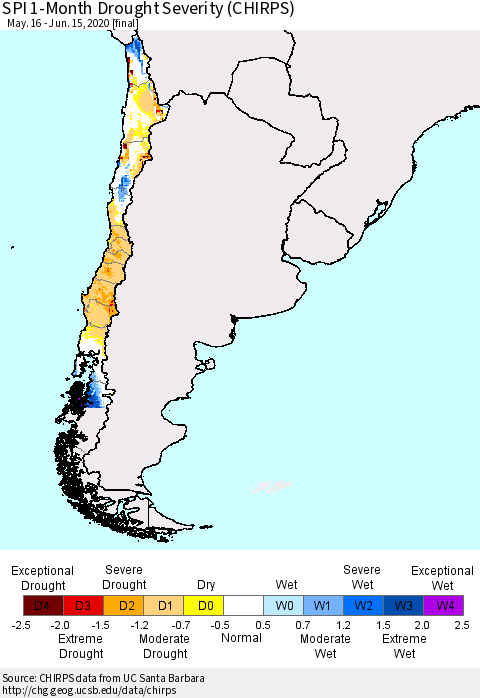 Chile SPI 1-Month Drought Severity (CHIRPS) Thematic Map For 5/16/2020 - 6/15/2020