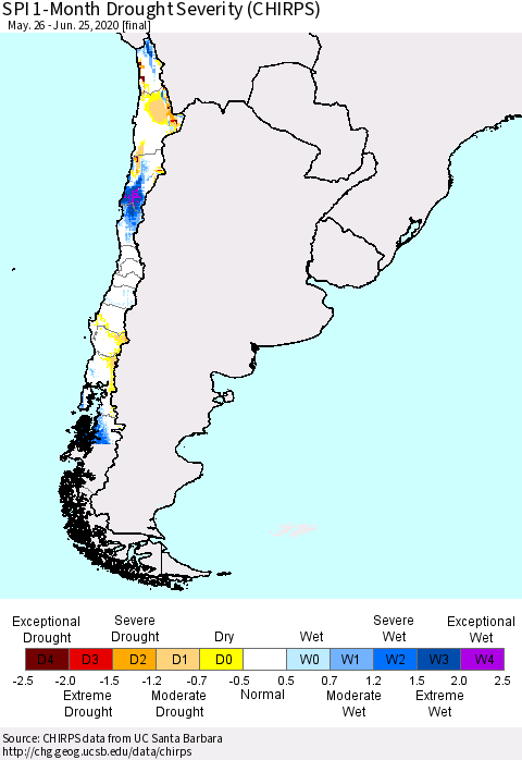 Chile SPI 1-Month Drought Severity (CHIRPS) Thematic Map For 5/26/2020 - 6/25/2020