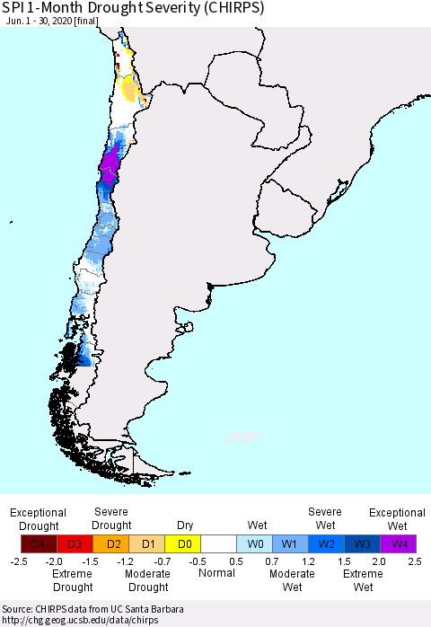 Chile SPI 1-Month Drought Severity (CHIRPS) Thematic Map For 6/1/2020 - 6/30/2020