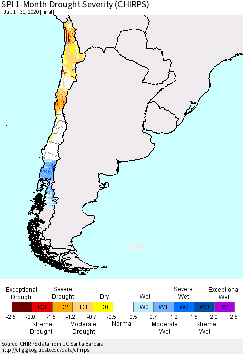Chile SPI 1-Month Drought Severity (CHIRPS) Thematic Map For 7/1/2020 - 7/31/2020