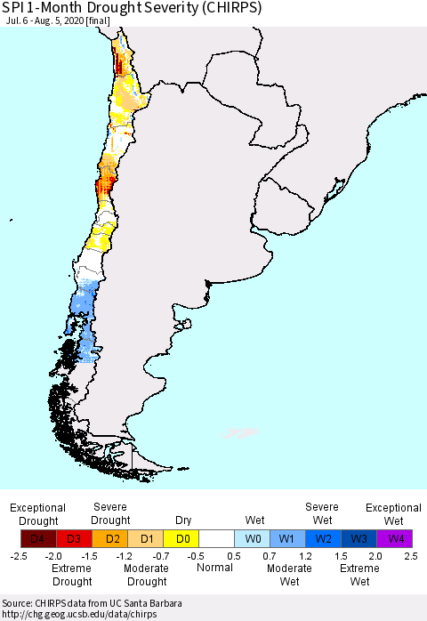 Chile SPI 1-Month Drought Severity (CHIRPS) Thematic Map For 7/6/2020 - 8/5/2020