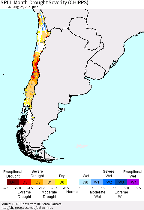 Chile SPI 1-Month Drought Severity (CHIRPS) Thematic Map For 7/26/2020 - 8/25/2020