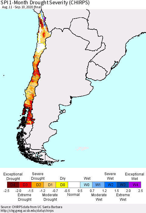 Chile SPI 1-Month Drought Severity (CHIRPS) Thematic Map For 8/11/2020 - 9/10/2020