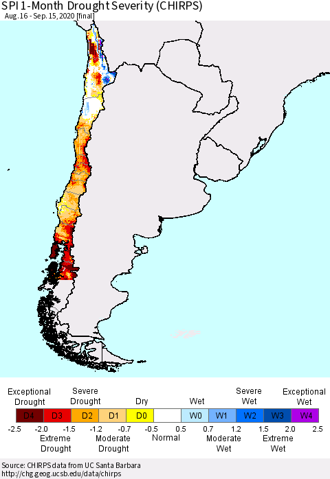 Chile SPI 1-Month Drought Severity (CHIRPS) Thematic Map For 8/16/2020 - 9/15/2020