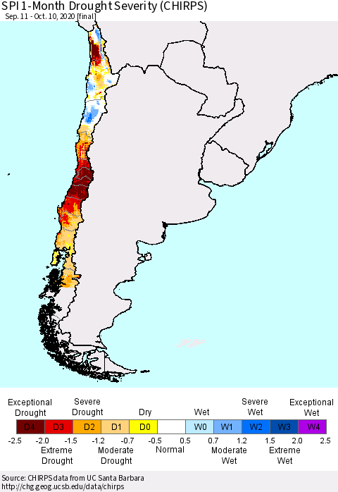 Chile SPI 1-Month Drought Severity (CHIRPS) Thematic Map For 9/11/2020 - 10/10/2020