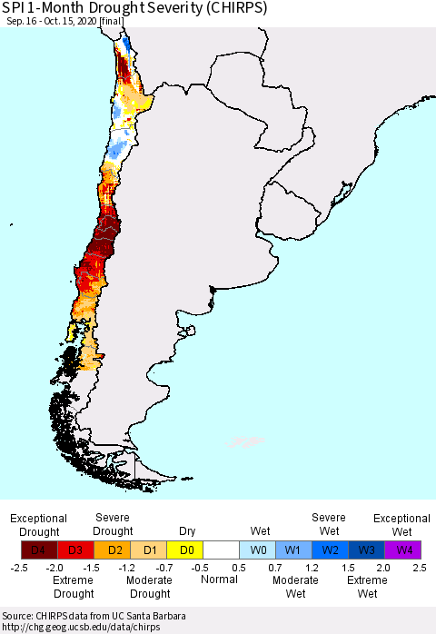 Chile SPI 1-Month Drought Severity (CHIRPS) Thematic Map For 9/16/2020 - 10/15/2020